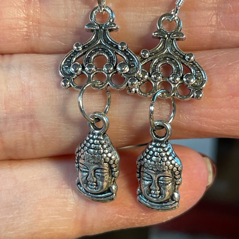 Silver Tone Buddha Dangle Earrings